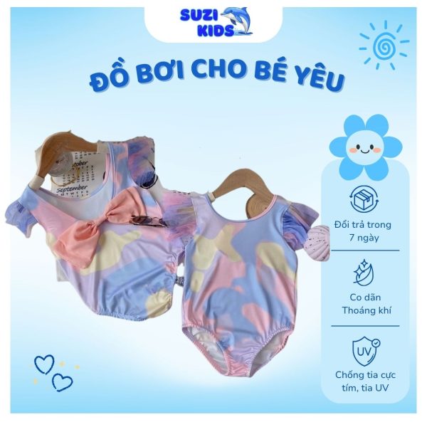 Bộ Đồ Bơi Bé Gái Thiên Thần Pastel Cánh Tiên – Kèm Nơ Hồng Xinh Xắn