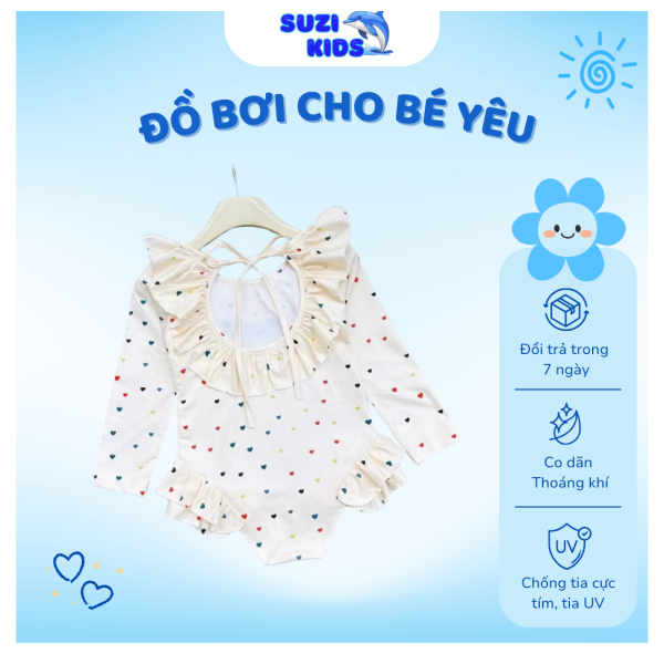 Đồ bơi bé gái liền thân tay dài chống nắng hình tim - SUZI KIDS - Hình ảnh 2