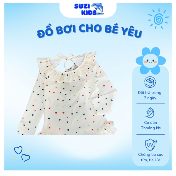 Đồ bơi bé gái liền thân tay dài chống nắng hình tim - SUZI KIDS - Hình ảnh 3