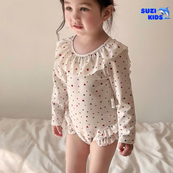 Đồ bơi bé gái liền thân tay dài chống nắng hình tim - SUZI KIDS - Hình ảnh 5