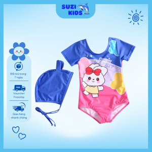 Đồ bơi bé gái liền thân mẫu xanh thỏ hồng - Suzi kids