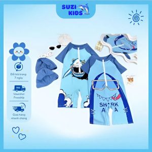 Bộ đồ bơi bé trai hình họa tiết cá mập ngộ nghĩnh, chất vải co giãn thoải mái