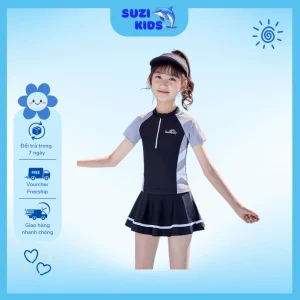 Bộ bơi bé gái có khóa kéo tay ngắn- Suzikids