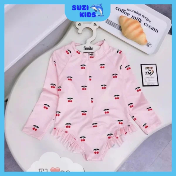 Bộ bơi liền mảnh phối bèo hồng cheri dài tay- Suzi kids - Hình ảnh 2